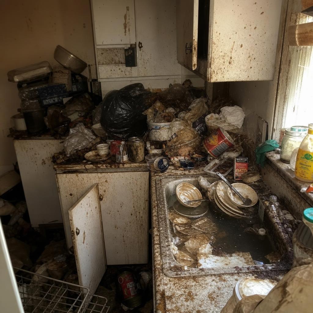 Küche in Messie-Wohnung vor der Reinigung